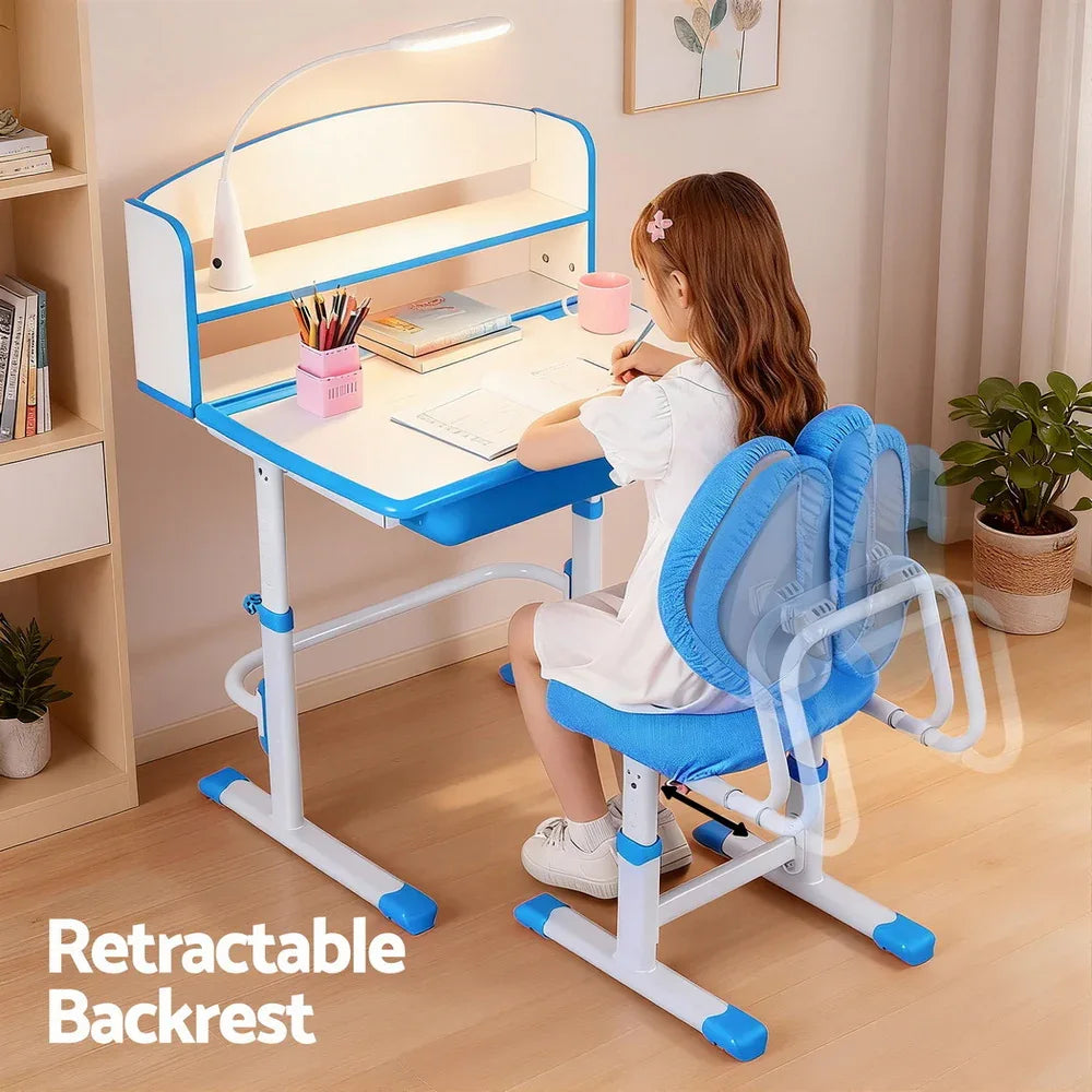 Keezi Kids Study Desk Chair Set Adjustable Ergonomic Table LED Lamp Blue - Mekamart Australia
