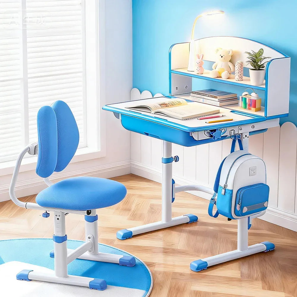 Keezi Kids Study Desk Chair Set Adjustable Ergonomic Table LED Lamp Blue - Mekamart Australia