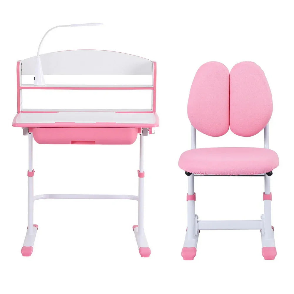 Keezi Kids Study Desk Chair Set Adjustable Ergonomic Table LED Lamp Pink - Mekamart Australia
