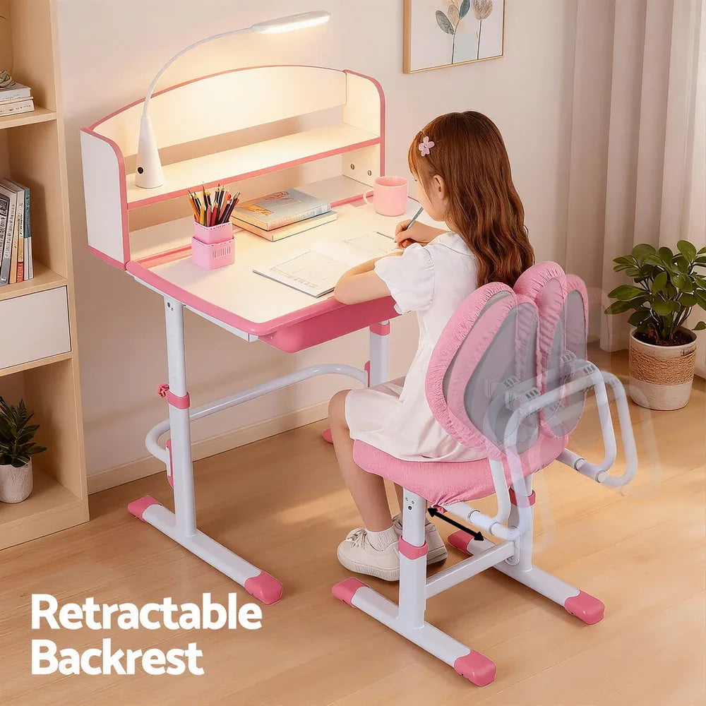 Keezi Kids Study Desk Chair Set Adjustable Ergonomic Table LED Lamp Pink - Mekamart Australia