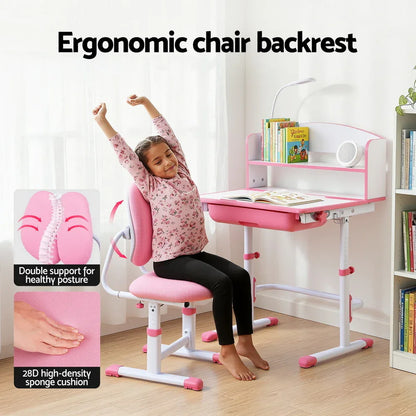 Keezi Kids Study Desk Chair Set Adjustable Ergonomic Table LED Lamp Pink - Mekamart Australia