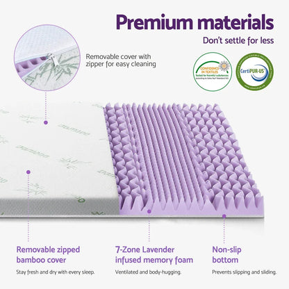 Giselle 8cm Memory Foam Mattress Topper Lavender Infused Bamboo Cover 7-Zone Queen - Mekamart Australia