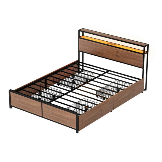 Artiss Metal Bed Frame Double Size with 2-Tier Storage Headboard Metal Platform with 4 Storage Drawers Built in Charging Station & LED Noise-Free/Metal Support/No Box Spring Needed Vintage Brown - Mekamart Australia
