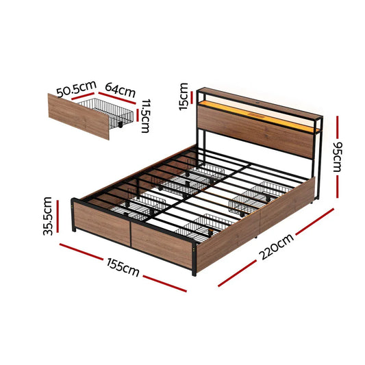 Artiss Metal Bed Frame Queen Size with 2-Tier Storage Headboard Metal Platform with 4 Storage Drawers Built in Charging Station & LED Noise-Free/Metal Support/No Box Spring Needed Vintage Brown - Mekamart Australia