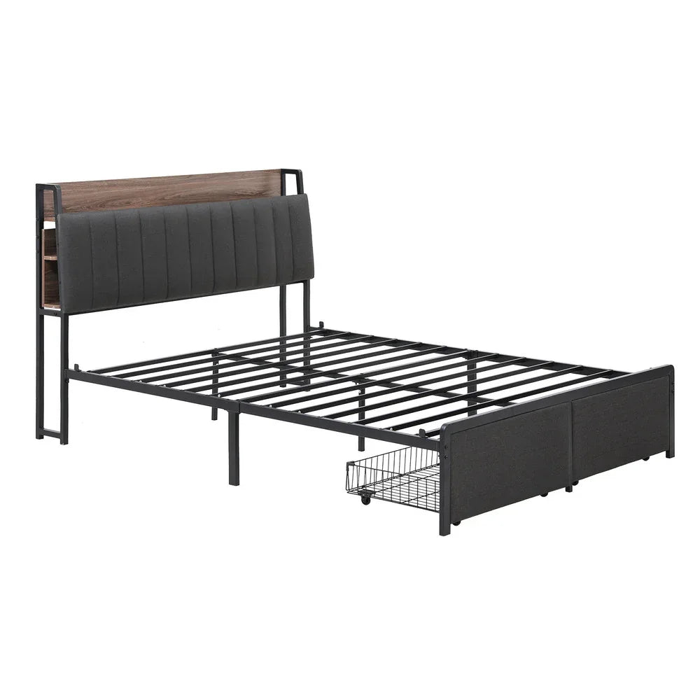 Artiss Metal Bed Frame King Size with 2-Tier Hidden Storage with Charging Station - Mekamart Australia