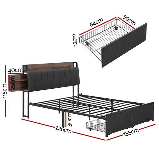 Artiss Metal Bed Frame Queen Size with 2-Tier Hidden Storage with Charging Station - Mekamart Australia