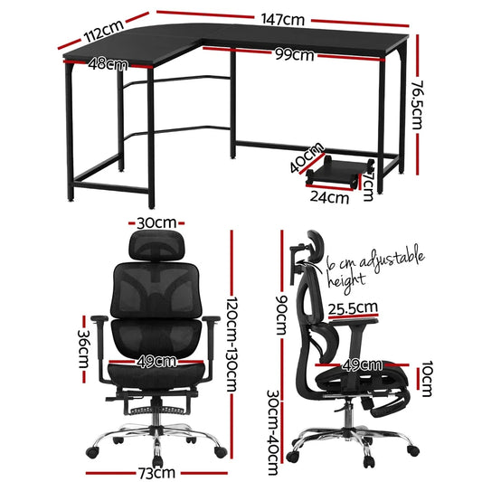 Artiss Computer Desk L-Shape Study Desks Ergonomic Office Chair Mesh Chairs - Mekamart Australia