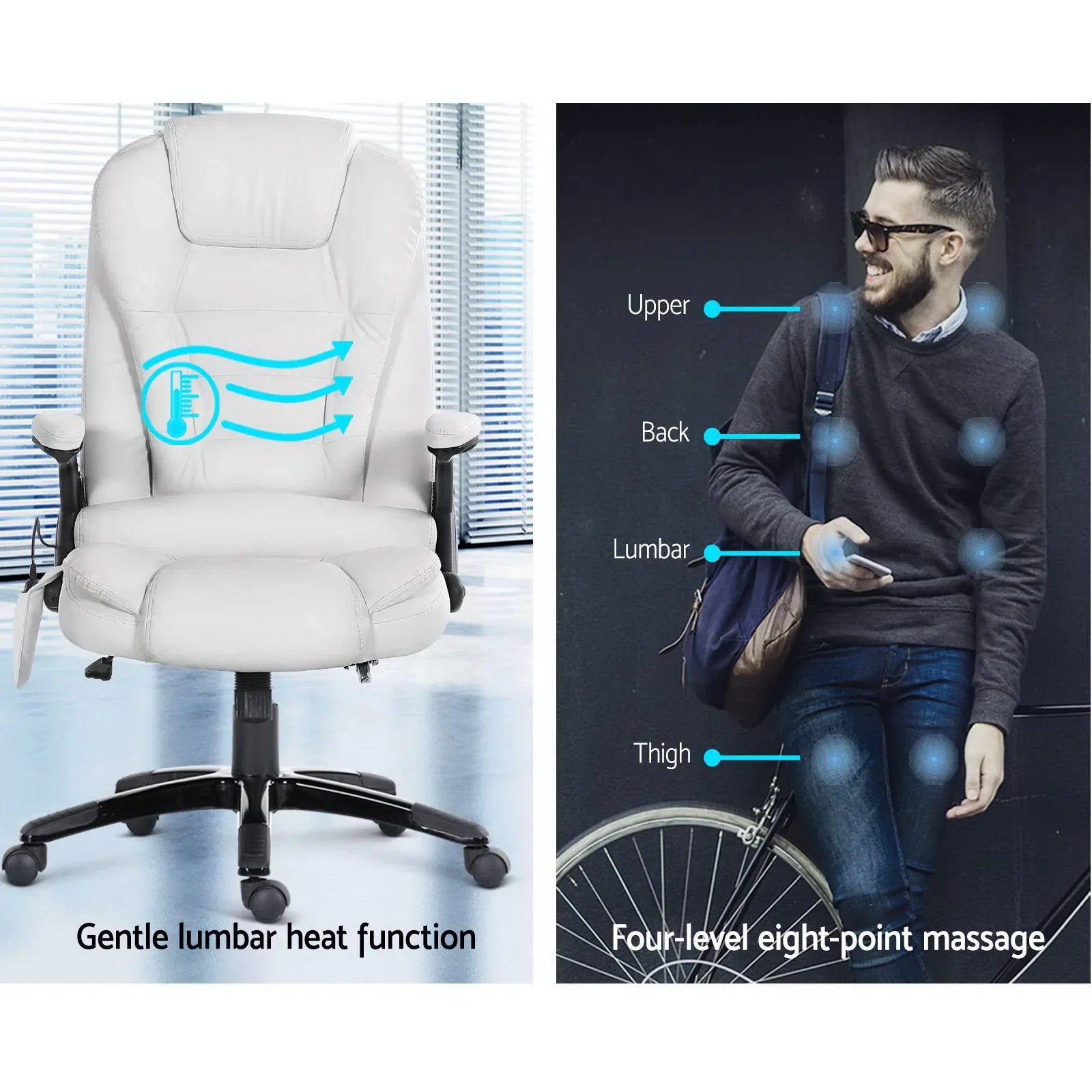 Artiss 8 Point Massage Office Chair Heated Seat Recliner PU White - Mekamart Australia