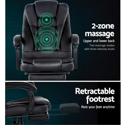 Artiss 2 Point Massage Office Chair PU Leather Footrest Black - Mekamart Australia