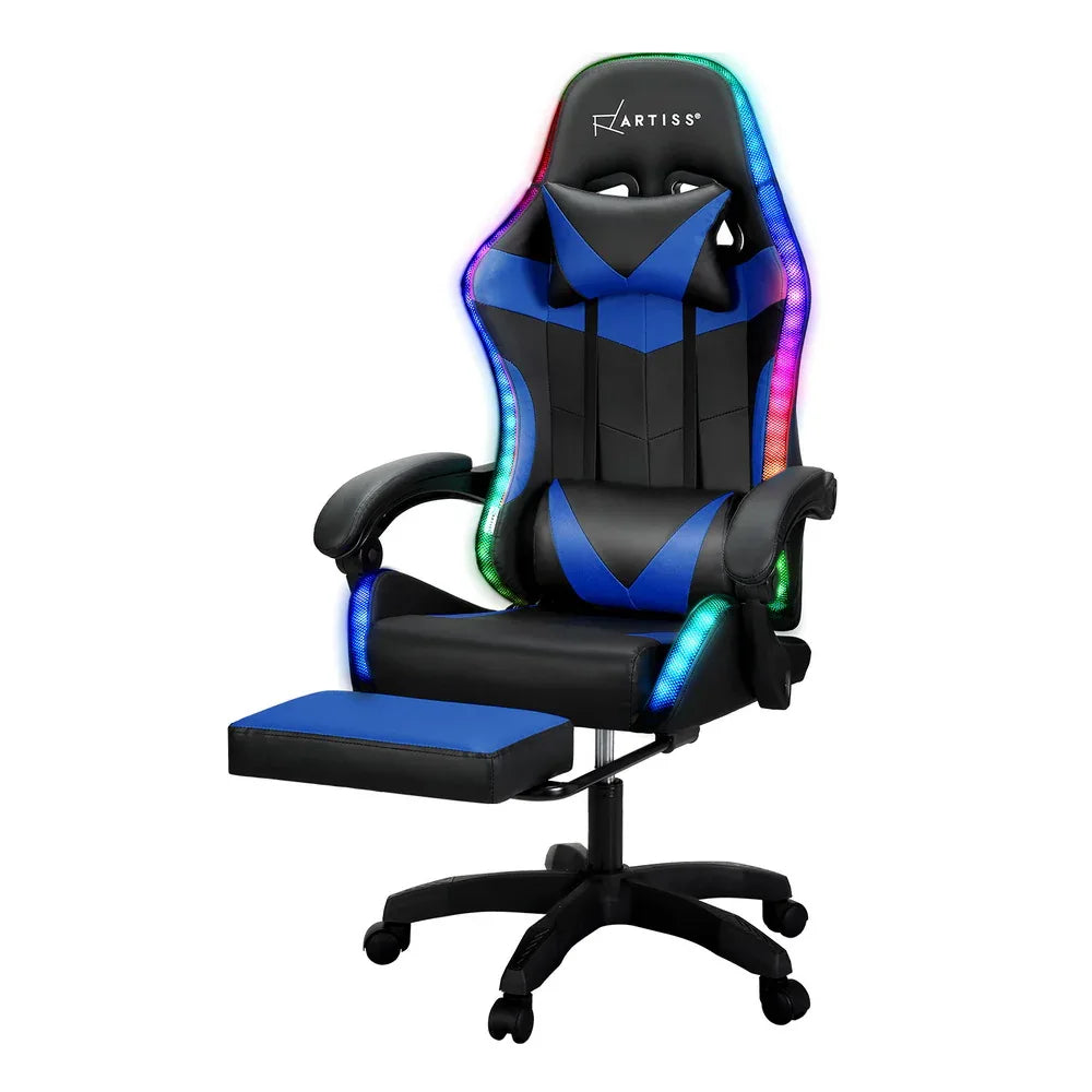 Artiss 6 Point Massage Gaming Office Chair 7 LED Footrest Blue - Mekamart Australia
