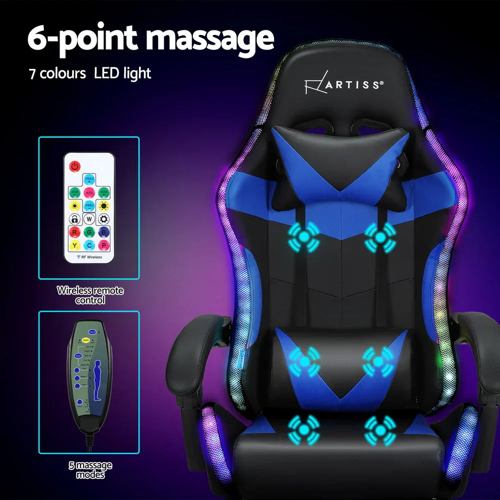 Artiss 6 Point Massage Gaming Office Chair 7 LED Footrest Blue - Mekamart Australia