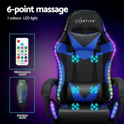 Artiss 6 Point Massage Gaming Office Chair 7 LED Footrest Blue - Mekamart Australia