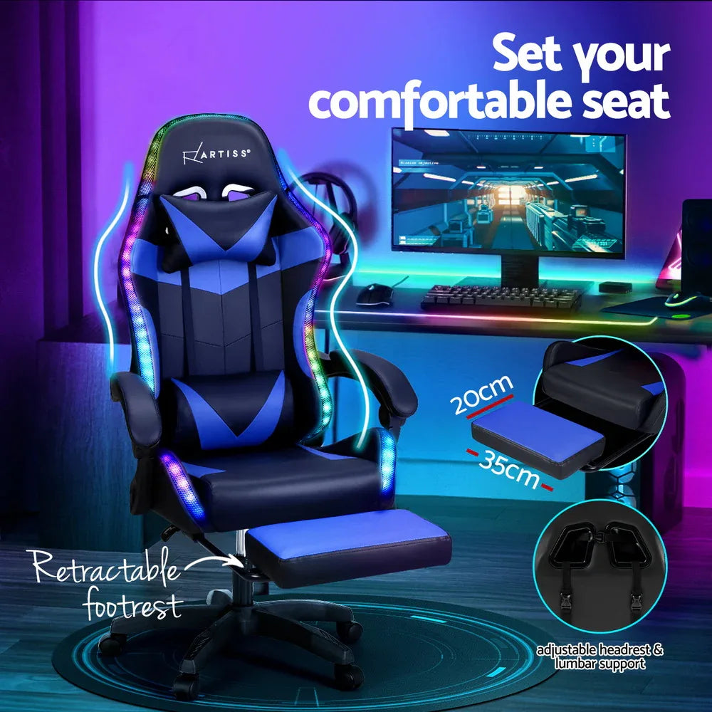 Artiss 6 Point Massage Gaming Office Chair 7 LED Footrest Blue - Mekamart Australia