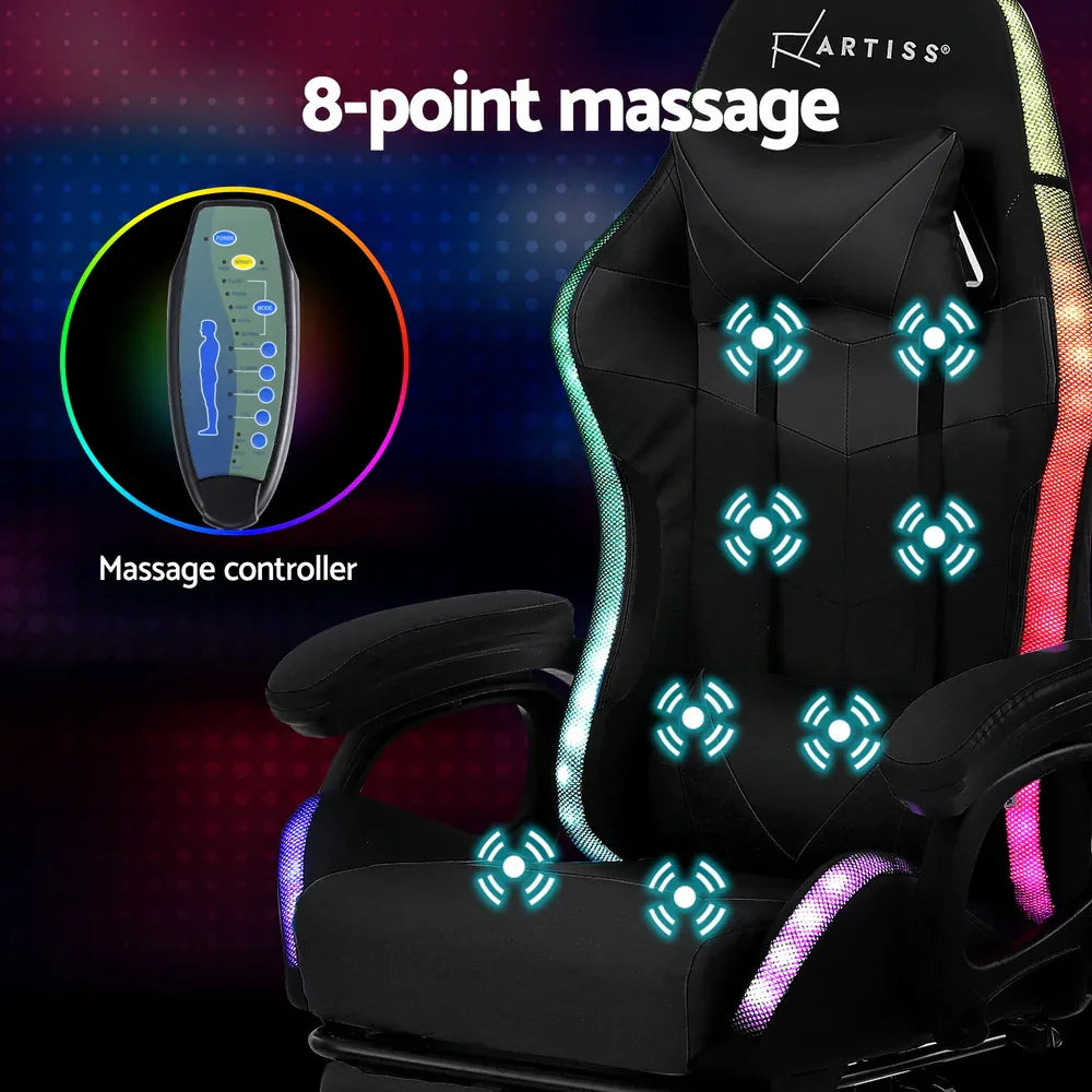 Artiss Gaming Office Chair 12 RGB LED Massage Computer Work Seat Footrest Black - Mekamart Australia