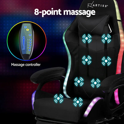 Artiss Gaming Office Chair 12 RGB LED Massage Computer Work Seat Footrest Black - Mekamart Australia