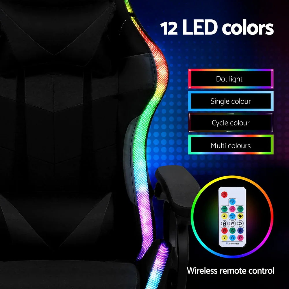 Artiss Gaming Office Chair 12 RGB LED Massage Computer Work Seat Footrest Black - Mekamart Australia