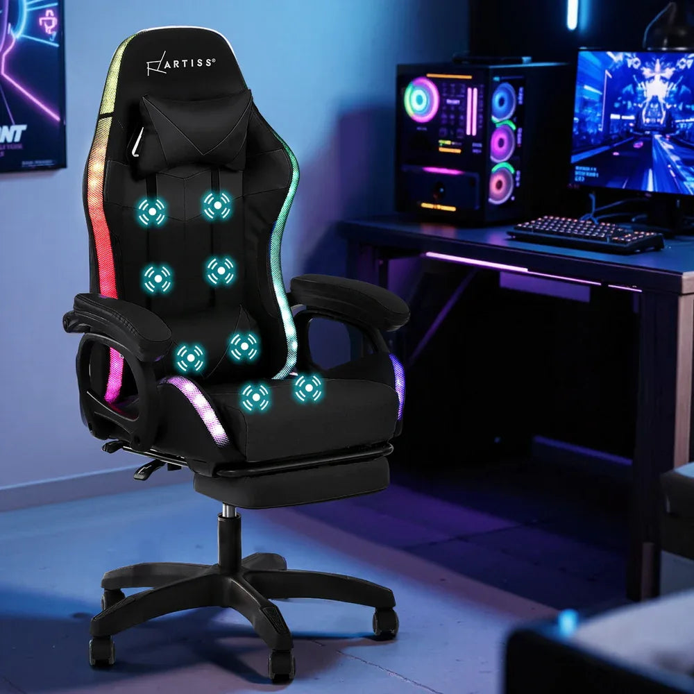 Artiss Gaming Office Chair 12 RGB LED Massage Computer Work Seat Footrest Black - Mekamart Australia