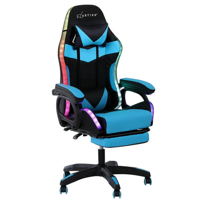 Artiss Gaming Office Chair 12 RGB LED Massage Computer Work Seat Footrest Cyan - Mekamart Australia