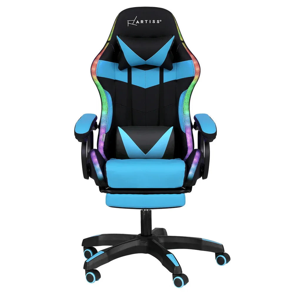 Artiss Gaming Office Chair 12 RGB LED Massage Computer Work Seat Footrest Cyan - Mekamart Australia