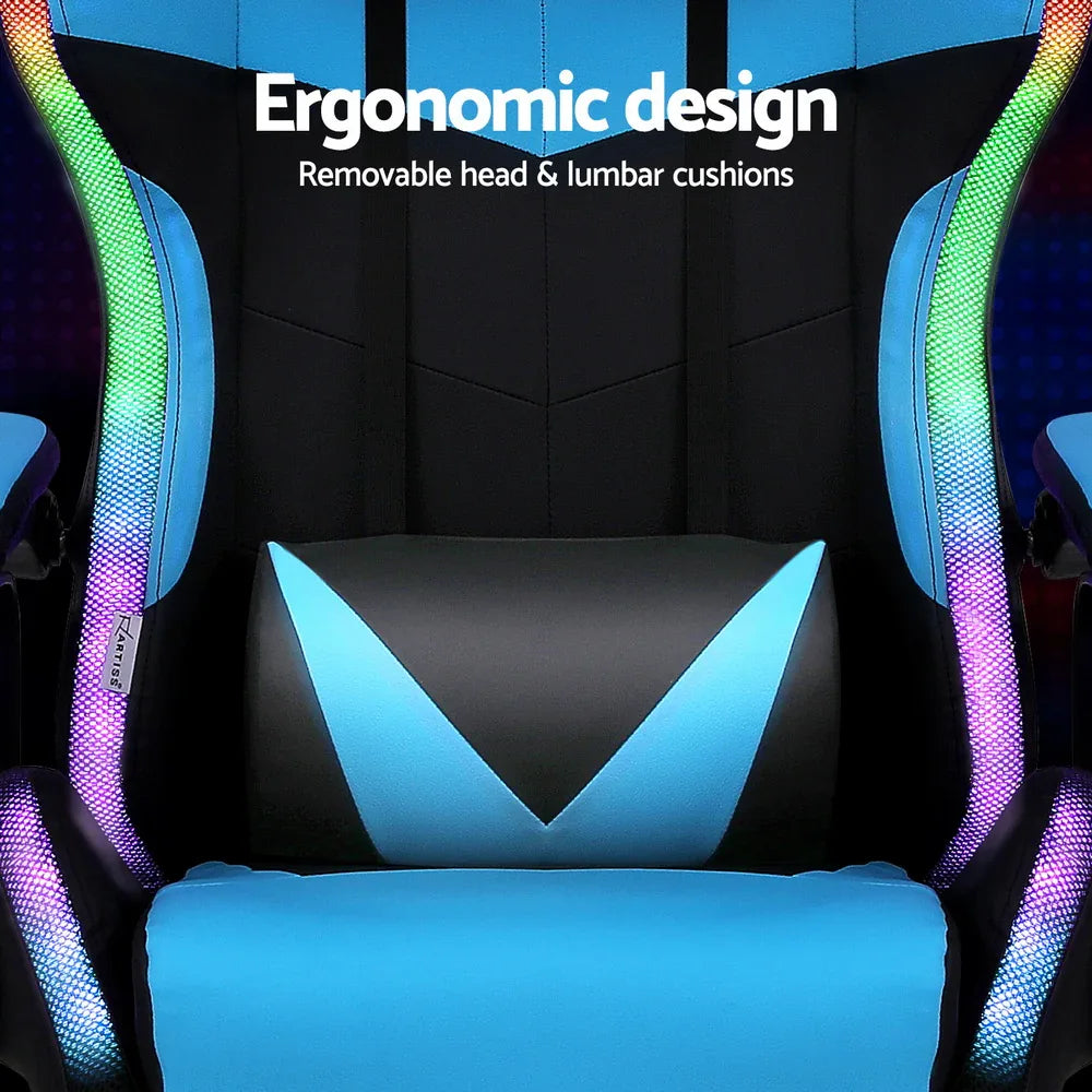 Artiss Gaming Office Chair 12 RGB LED Massage Computer Work Seat Footrest Cyan - Mekamart Australia
