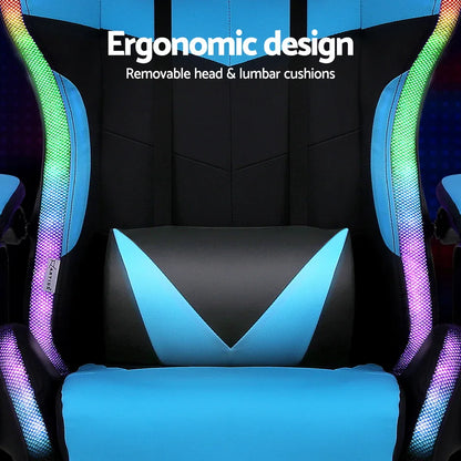 Artiss Gaming Office Chair 12 RGB LED Massage Computer Work Seat Footrest Cyan - Mekamart Australia