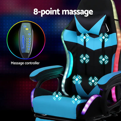 Artiss Gaming Office Chair 12 RGB LED Massage Computer Work Seat Footrest Cyan - Mekamart Australia