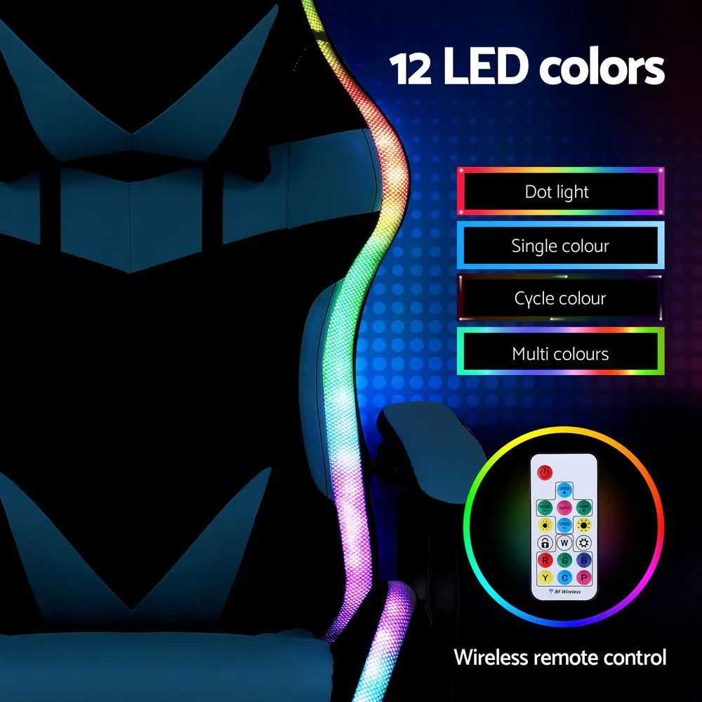 Artiss Gaming Office Chair 12 RGB LED Massage Computer Work Seat Footrest Cyan - Mekamart Australia