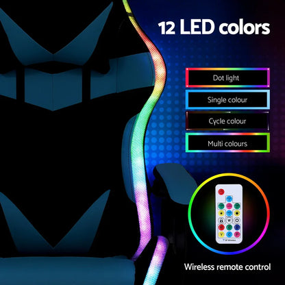 Artiss Gaming Office Chair 12 RGB LED Massage Computer Work Seat Footrest Cyan - Mekamart Australia