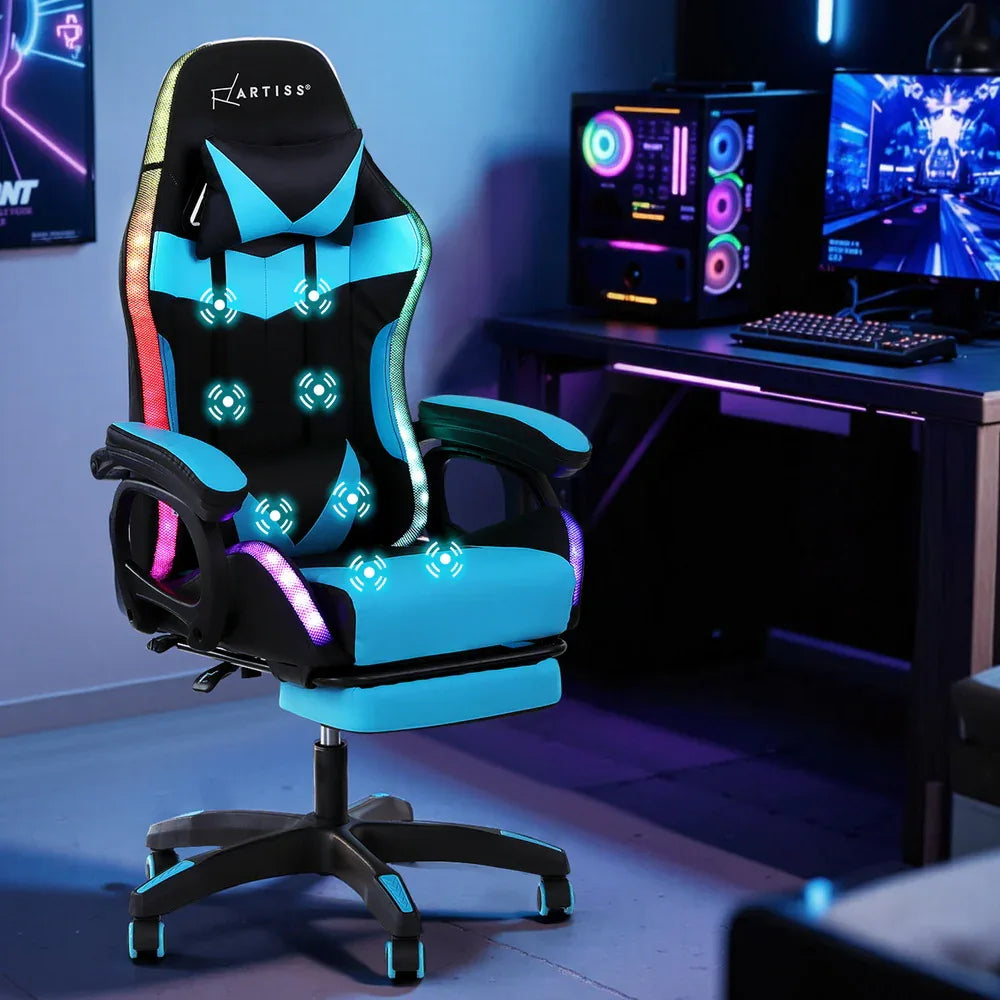 Artiss Gaming Office Chair 12 RGB LED Massage Computer Work Seat Footrest Cyan - Mekamart Australia