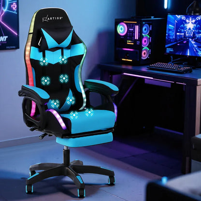 Artiss Gaming Office Chair 12 RGB LED Massage Computer Work Seat Footrest Cyan - Mekamart Australia