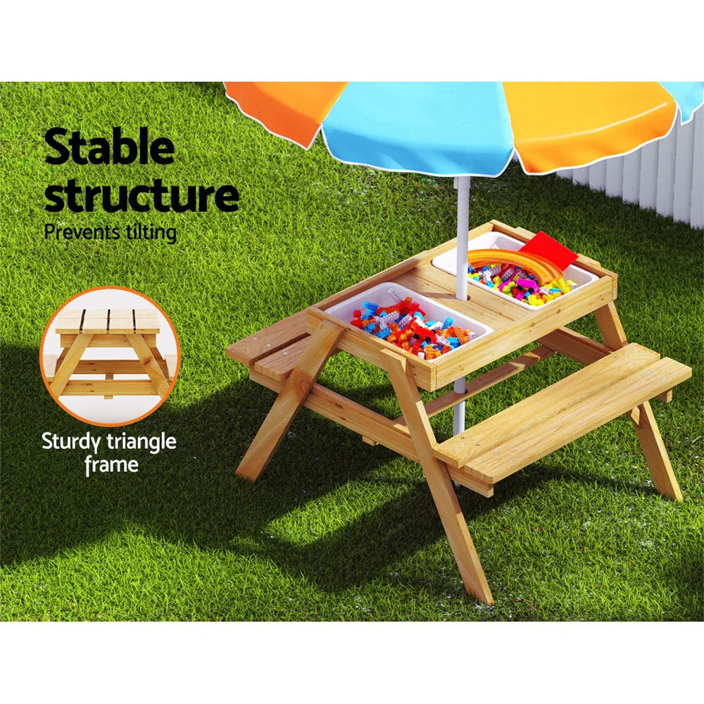 Keezi Kids Outdoor Table and Chairs Picnic Bench Umbrella Set Water Sand Pit Box - Mekamart Australia