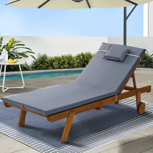 Gardeon Sun Lounge Wooden Lounger Outdoor Furniture Day Bed Wheels Patio Grey - Mekamart Australia