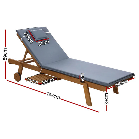 Gardeon Sun Lounge Wooden Lounger Outdoor Furniture Day Bed Wheels Patio Grey - Mekamart Australia
