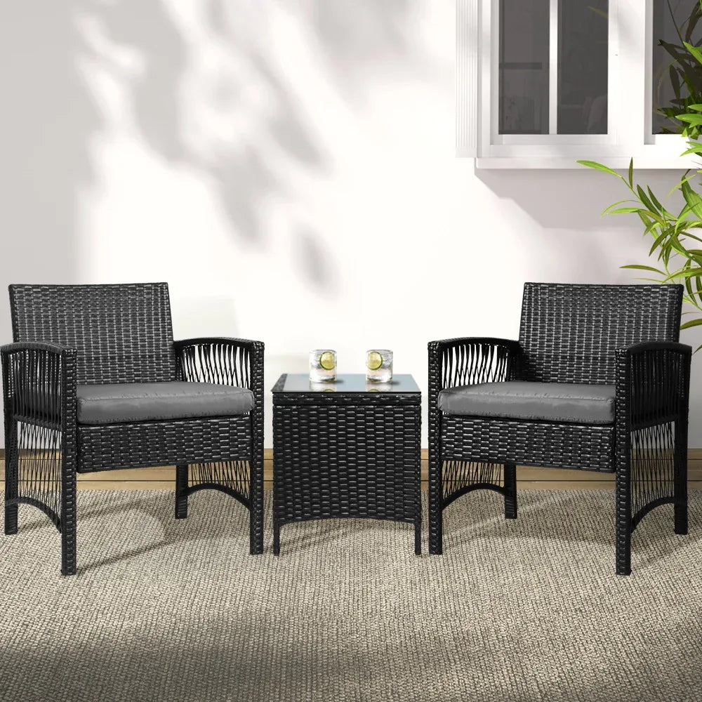 Gardeon 3PC Outdoor Bistro Set Patio Furniture Wicker Dining Chairs Table Cushion Black - Mekamart Australia