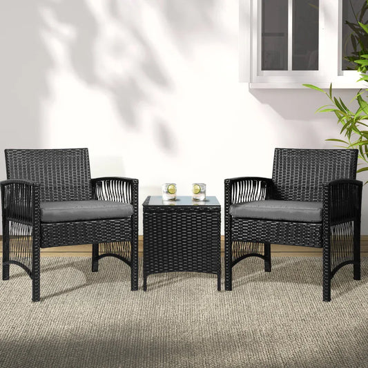 Gardeon 3PC Outdoor Bistro Set Patio Furniture Wicker Dining Chairs Table Cushion Black - Mekamart Australia