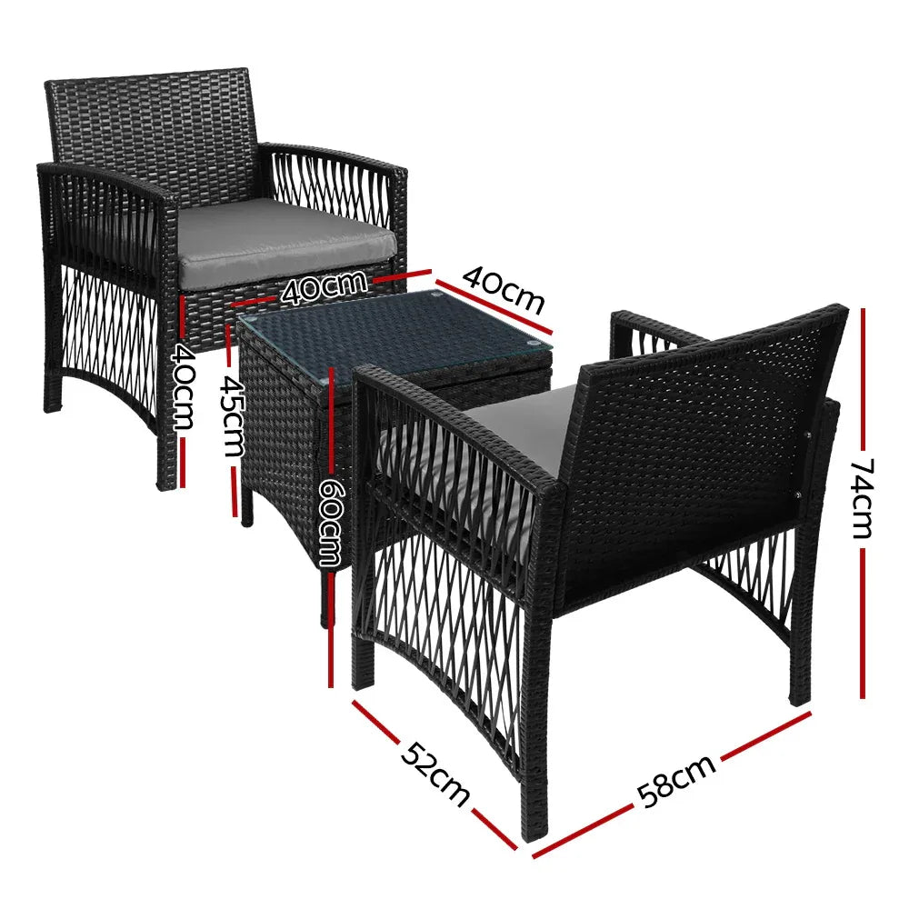 Gardeon 3PC Outdoor Bistro Set Patio Furniture Wicker Dining Chairs Table Cushion Black - Mekamart Australia