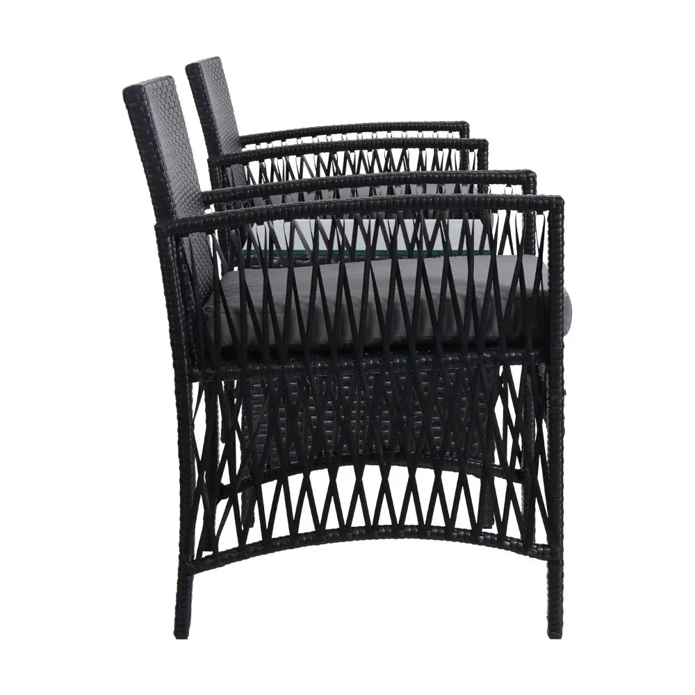 Gardeon 3PC Outdoor Bistro Set Patio Furniture Wicker Dining Chairs Table Cushion Black - Mekamart Australia