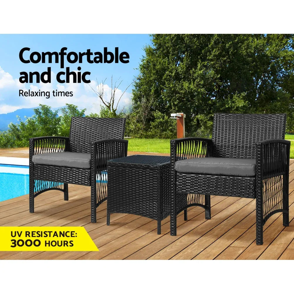 Gardeon 3PC Outdoor Bistro Set Patio Furniture Wicker Dining Chairs Table Cushion Black - Mekamart Australia