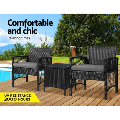 Gardeon 3PC Outdoor Bistro Set Patio Furniture Wicker Dining Chairs Table Cushion Black - Mekamart Australia