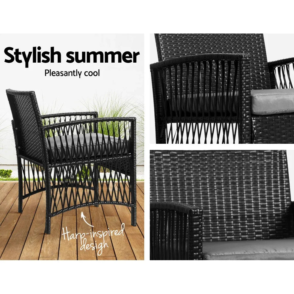 Gardeon 3PC Outdoor Bistro Set Patio Furniture Wicker Dining Chairs Table Cushion Black - Mekamart Australia