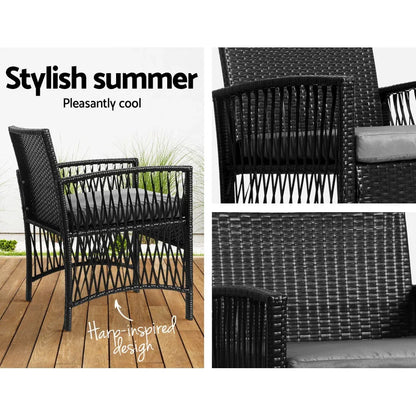 Gardeon 3PC Outdoor Bistro Set Patio Furniture Wicker Dining Chairs Table Cushion Black - Mekamart Australia