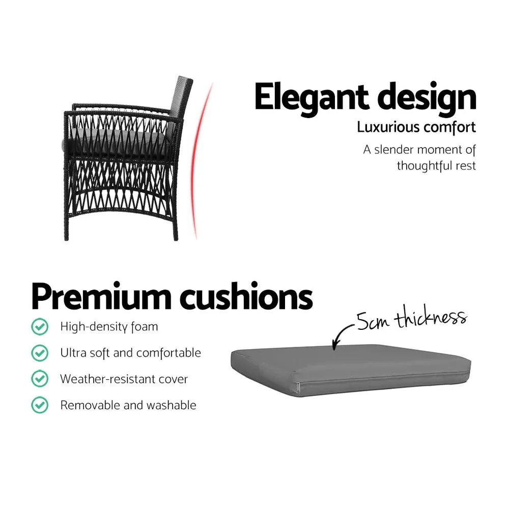 Gardeon 3PC Outdoor Bistro Set Patio Furniture Wicker Dining Chairs Table Cushion Black - Mekamart Australia