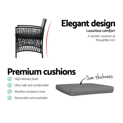 Gardeon 3PC Outdoor Bistro Set Patio Furniture Wicker Dining Chairs Table Cushion Black - Mekamart Australia