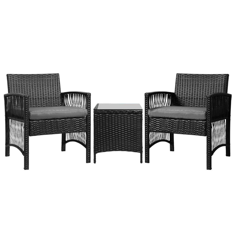 Gardeon 3PC Outdoor Bistro Set Patio Furniture Wicker Dining Chairs Table Cushion Black - Mekamart Australia