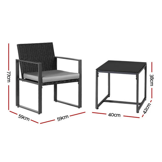 Gardeon 3PC Outdoor Bistro Set Patio Furniture Wicker Dining Chairs Table Cushion Black - Mekamart Australia