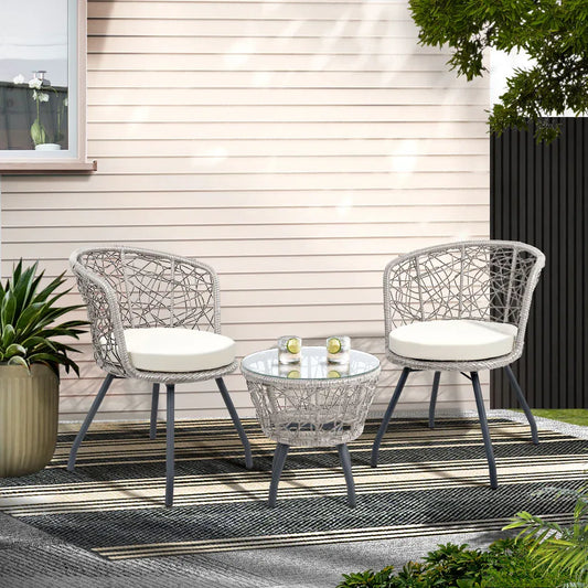 Gardeon 3PC Bistro Set Outdoor Furniture Rattan Table Chairs Patio Garden Cushion Grey - Mekamart Australia