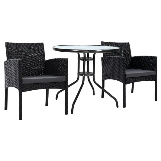 Gardeon 3PC Bistro Set Outdoor Furniture Rattan Table Chairs Cushion Patio Garden Ezra - Mekamart Australia