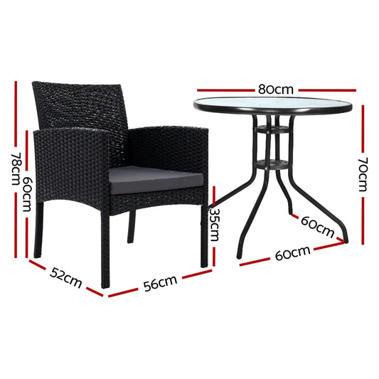Gardeon 3PC Bistro Set Outdoor Furniture Rattan Table Chairs Cushion Patio Garden Ezra - Mekamart Australia