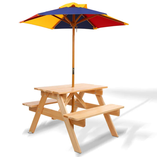 Keezi Kids Wooden Picnic Table Set with Umbrella - Mekamart Australia