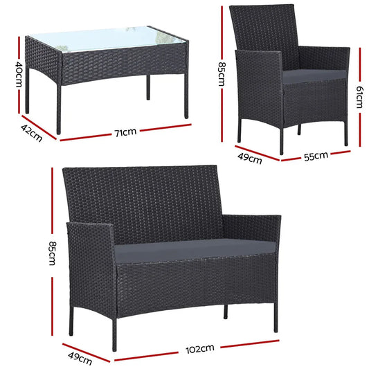 Gardeon 4 Seater Outdoor Sofa Set Wicker Setting Table Chair Furniture Dark Grey - Mekamart Australia